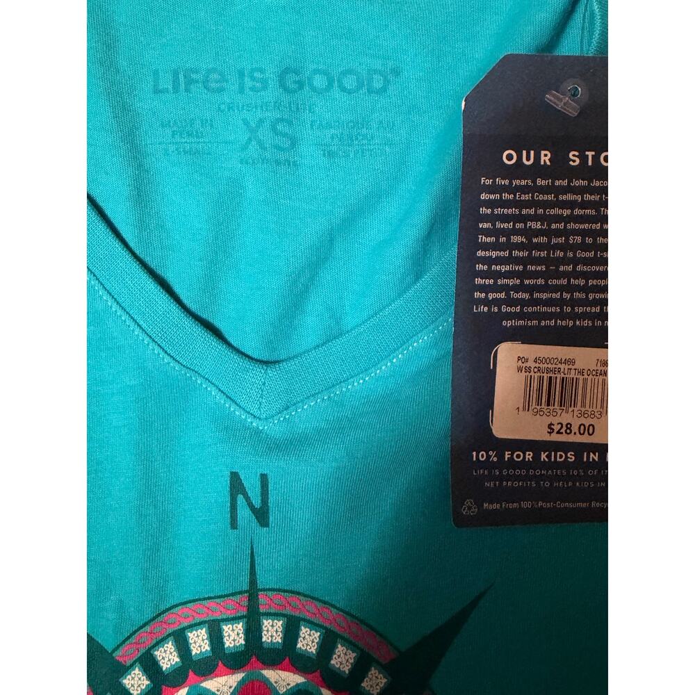 Life is Good Women’s Size XS Teal VNeck Compass Shirt NWT - Picture 3 of 5